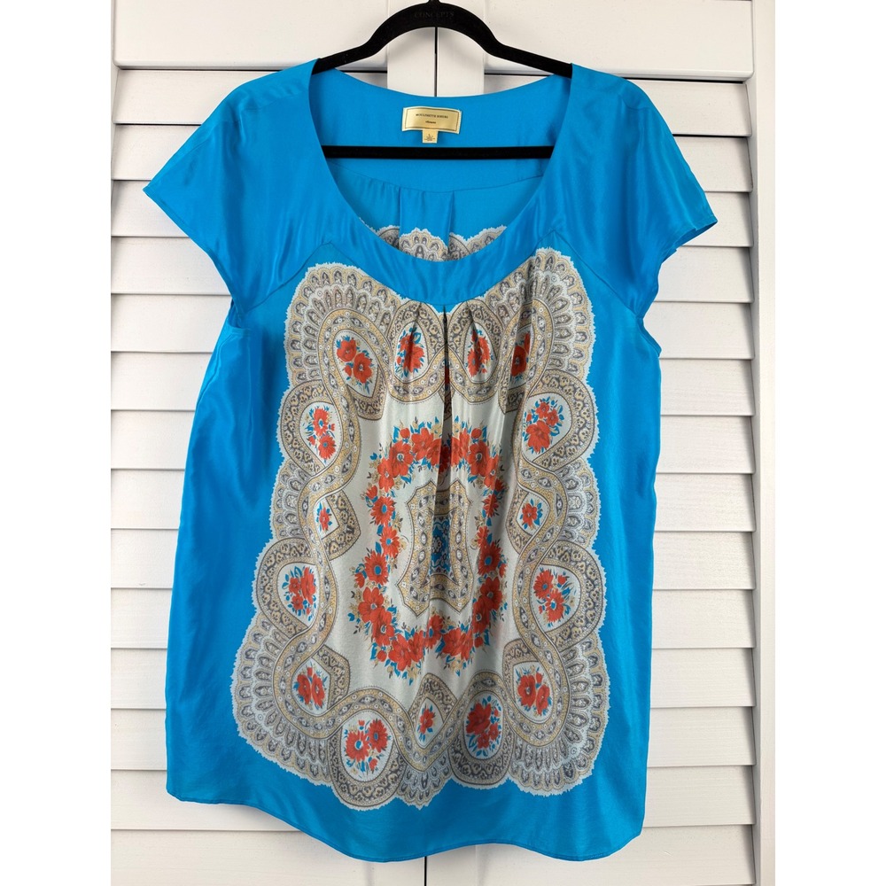 Moulinette Soeurs Anthropologie Blouse Womens L Blue Silk Floral Cap Sleeve‎
